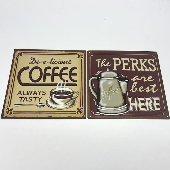 Vtg 2pk Coffee Perks Tin Wall Mount Signage Restaurant Cafe Barista Latte Java - Picture 1 of 8